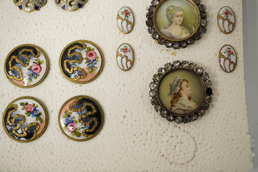 A collection of 29 assorted decorative buttons, circa 1900, largest 36mm;, Condition - the paste buttons inset with prints of 18th century ladies are tarnished and some paste is missing